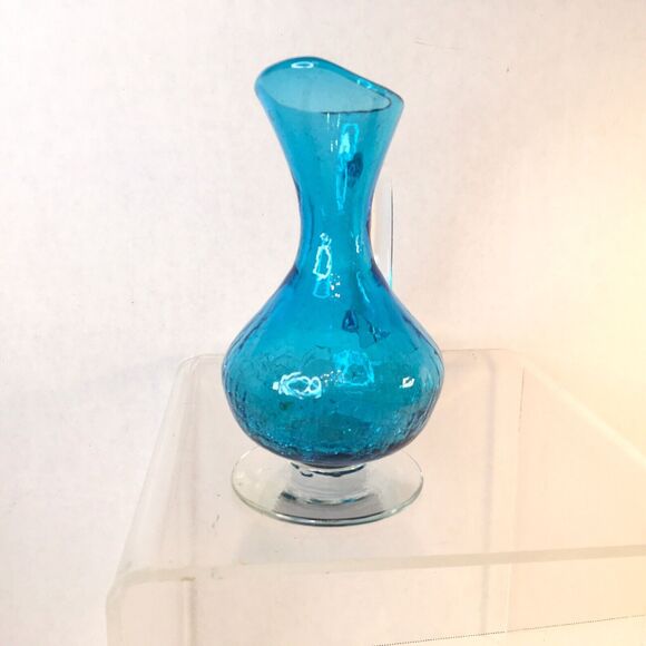 2 Vtg Art Glass Crackle Glass Pitcher Decanters Green And Blue  Mid Century - Picture 9 of 10